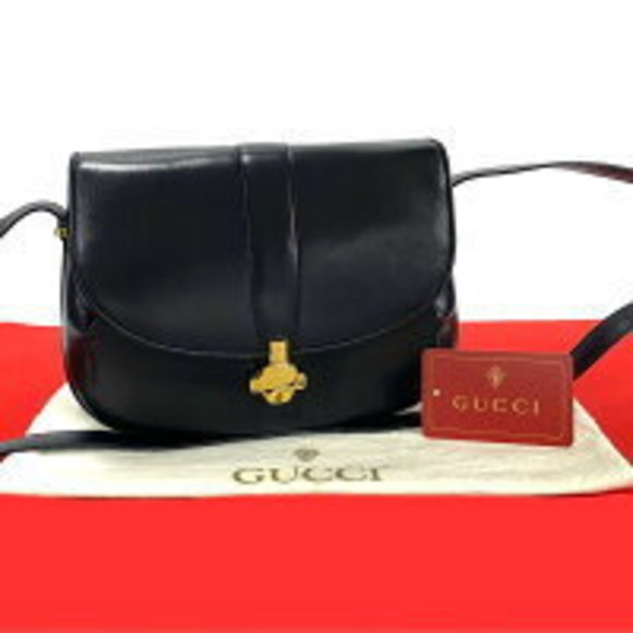 GUCCI GG Calf Leather Shoulder Pochette Navy Blue 21 10 - Picture 1 of 8